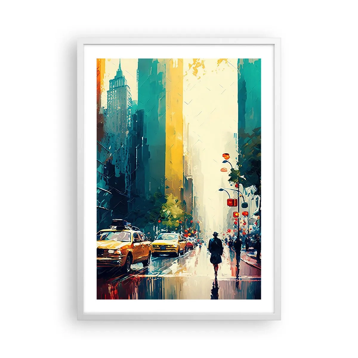 Poster in einem weißen Rahmen - New York – selbst der Regen ist hier bunt - 50x70 cm