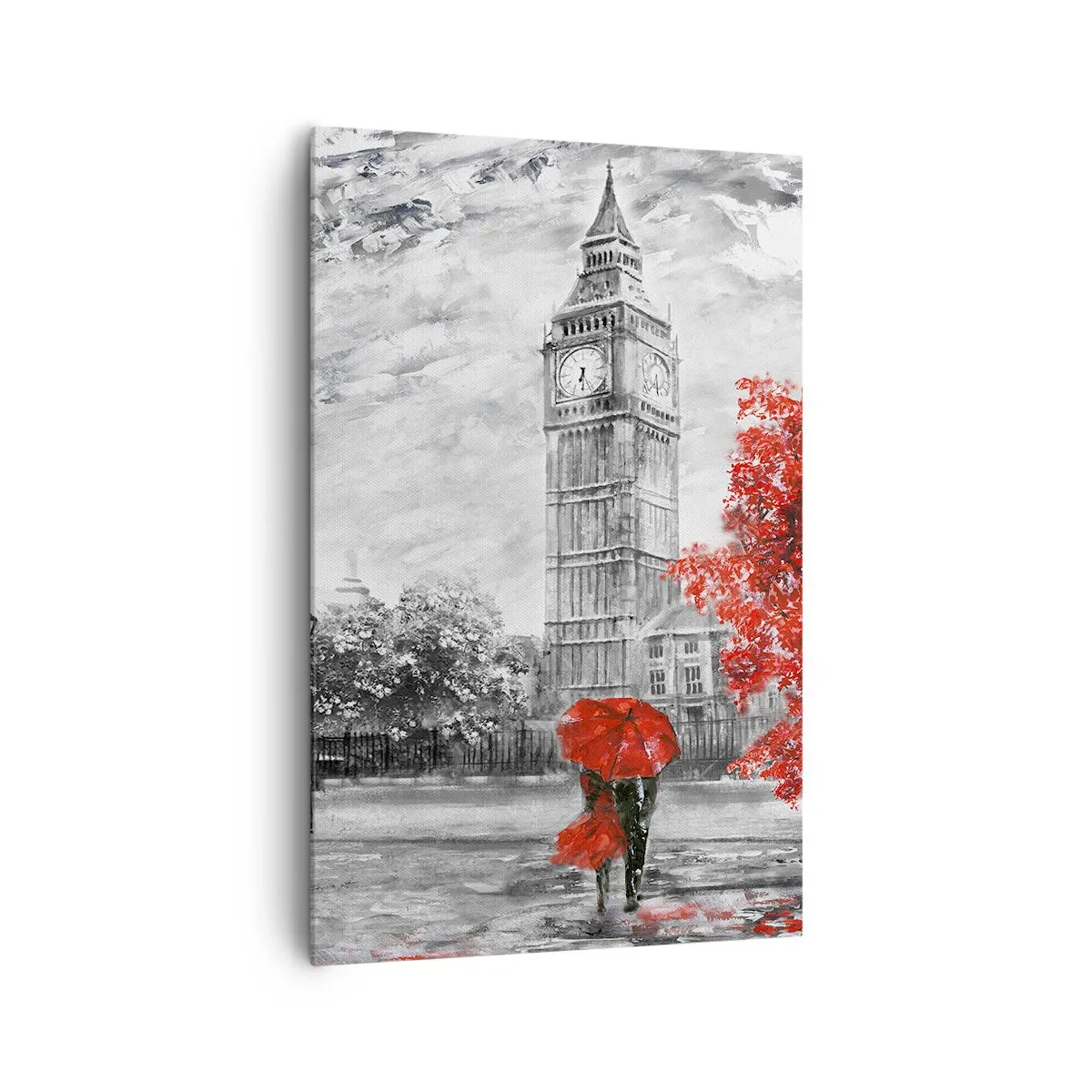 Bild auf Leinwand - Leinwandbild - Ikonische Ansicht von London mit Big Ben, einem roten Bus und einem Regenschirm - 80x120cm - Ein aufregender Tag - Moderne Wanddekoration für Wohnzimmer und Schlafzimmer ARTTOR