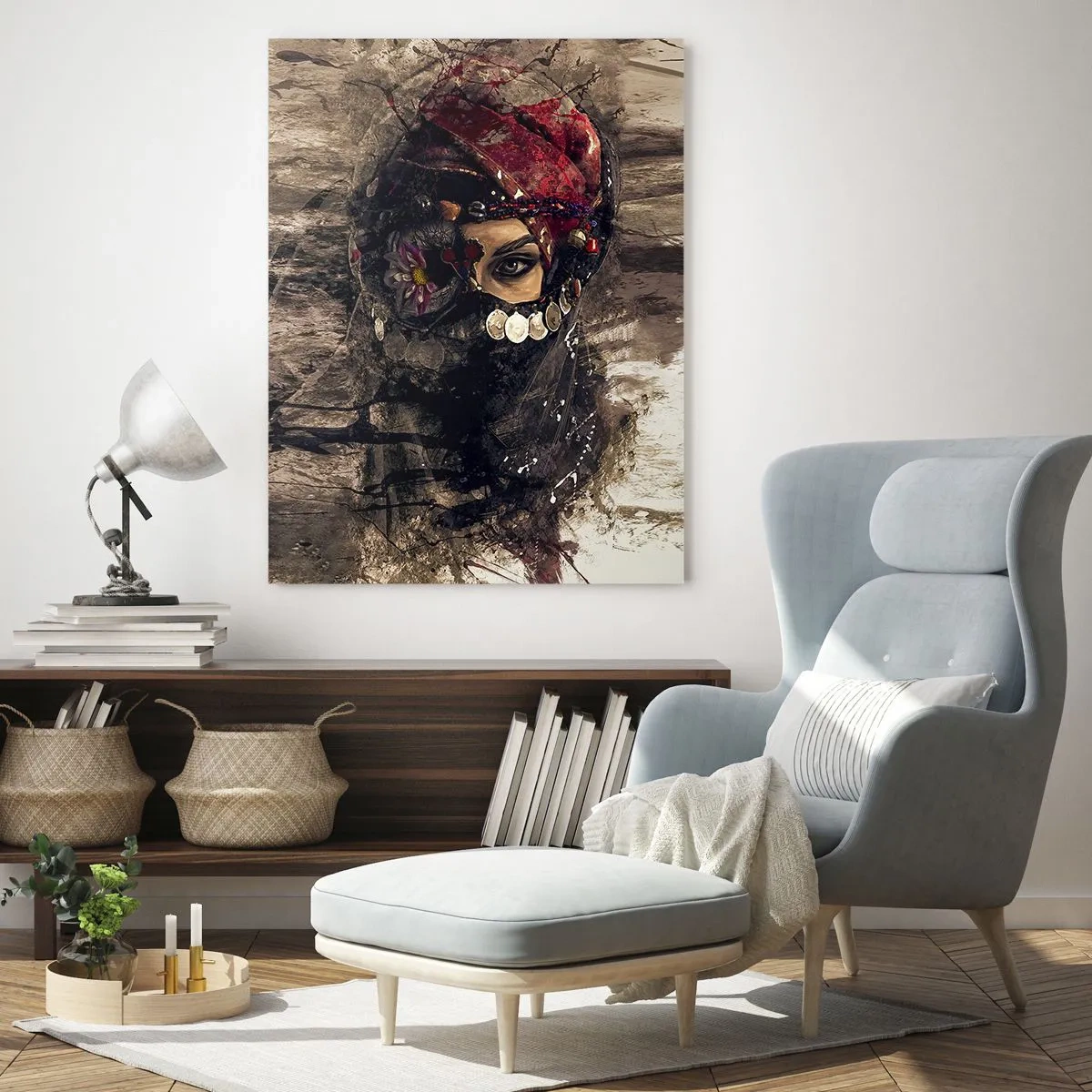 Glasbild - Bild auf glas - Künstlerisches Porträt einer Frau in orientalischer Kleidung vor abstraktem Hintergrund. - 80x120cm - Gelinde gesagt besorgniserregend - Moderne Wanddekoration für Wohnzimmer und Schlafzimmer ARTTOR