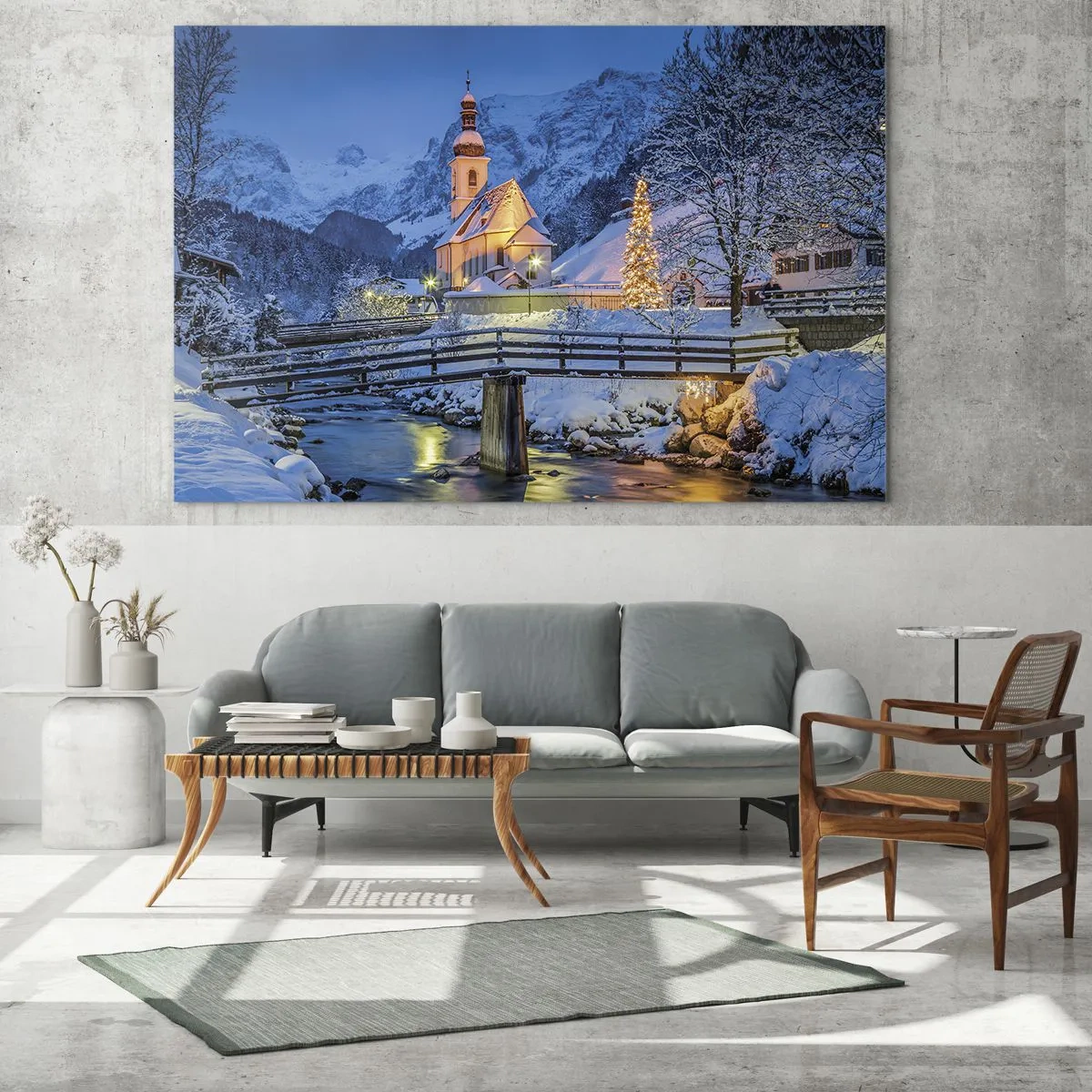 Glasbild - Bild auf glas - Weihnachtslandschaft in winterlicher Kulisse - 100x70cm - Weihnachtsgeist - Moderne Wanddekoration für Wohnzimmer und Schlafzimmer ARTTOR