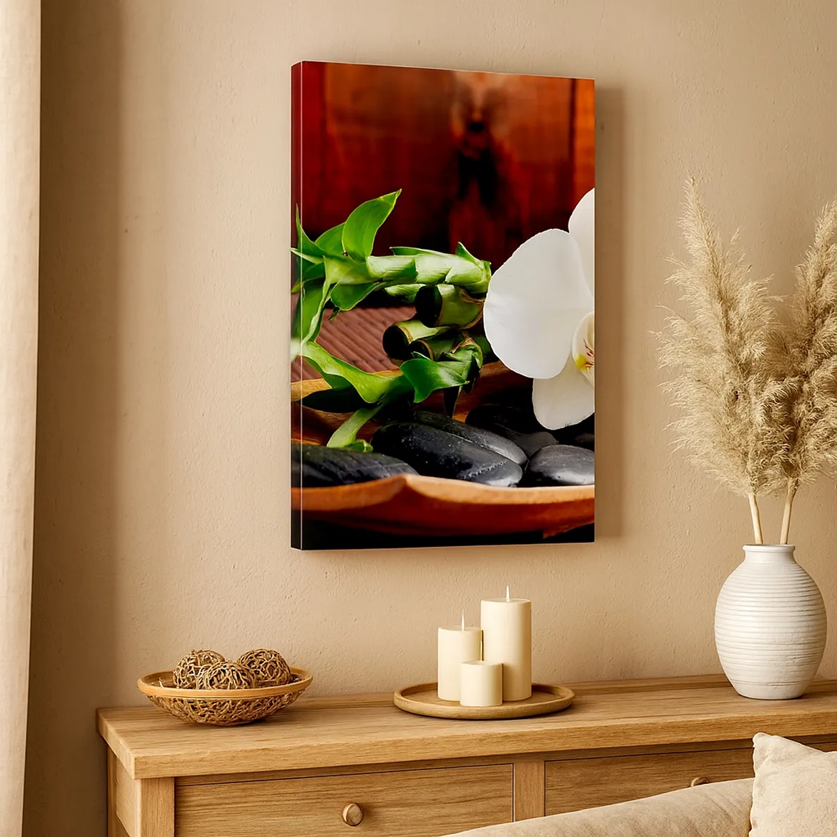 Bild auf Leinwand - Leinwandbild - Weiße Orchidee mit Bambus vor einem Steinhintergrund im Zen-Stil - 50x70cm - Geben Sie sich dem Hauch der Natur hin - Moderne Wanddekoration für Wohnzimmer und Schlafzimmer ARTTOR