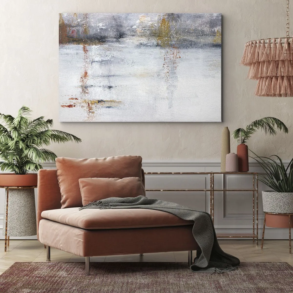 Bild auf Leinwand - Leinwandbild - Eine abstrakte Landschaft mit verschwommenen Akzenten in Grau und Gold. - 70x50cm - Hinter dem Luftvorhang - Moderne Wanddekoration für Wohnzimmer und Schlafzimmer ARTTOR