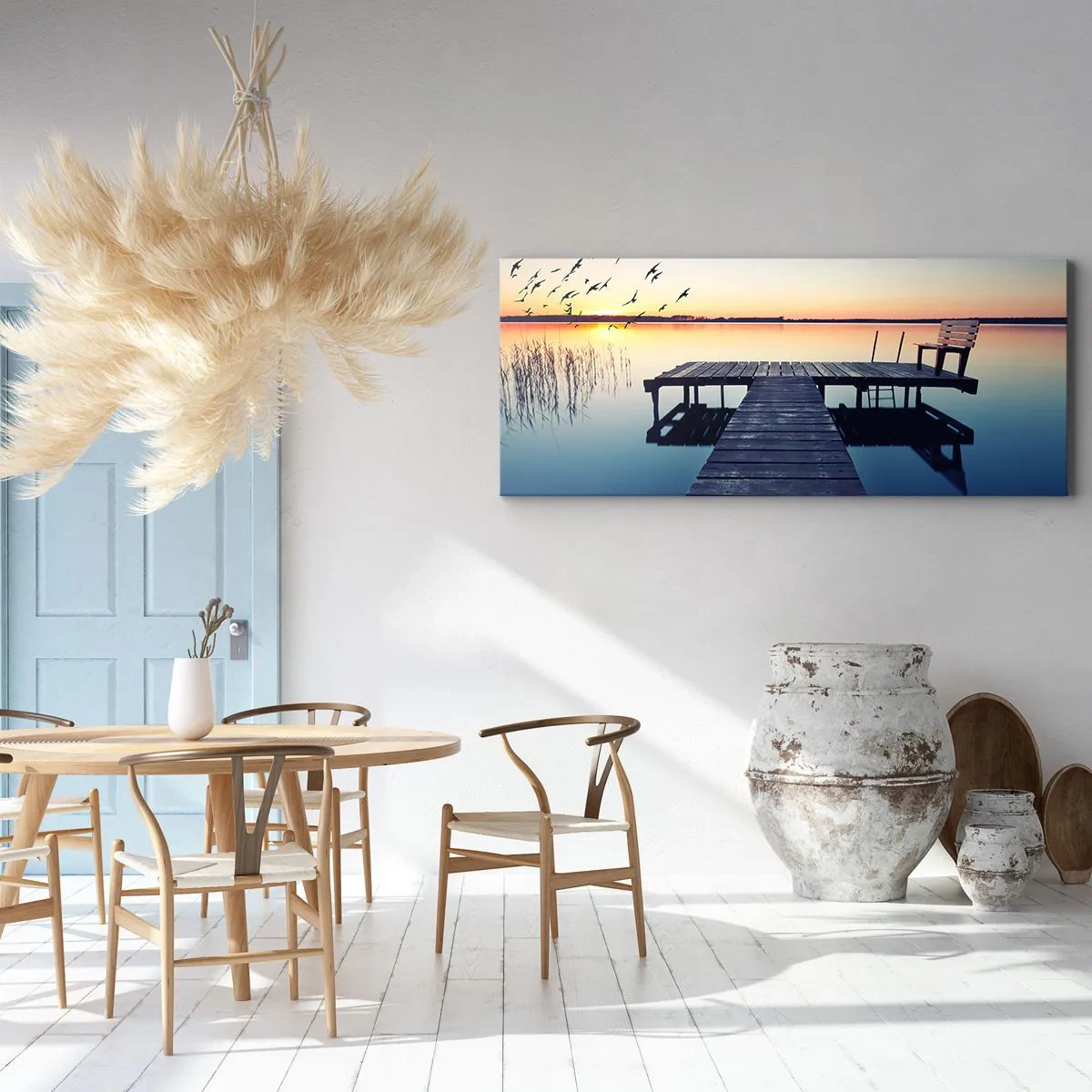 Bild auf Leinwand - Leinwandbild - Holzsteg auf einem See bei Sonnenaufgang mit Vögeln - 160x50cm - Das war ein guter Tag - Moderne Wanddekoration für Wohnzimmer und Schlafzimmer ARTTOR
