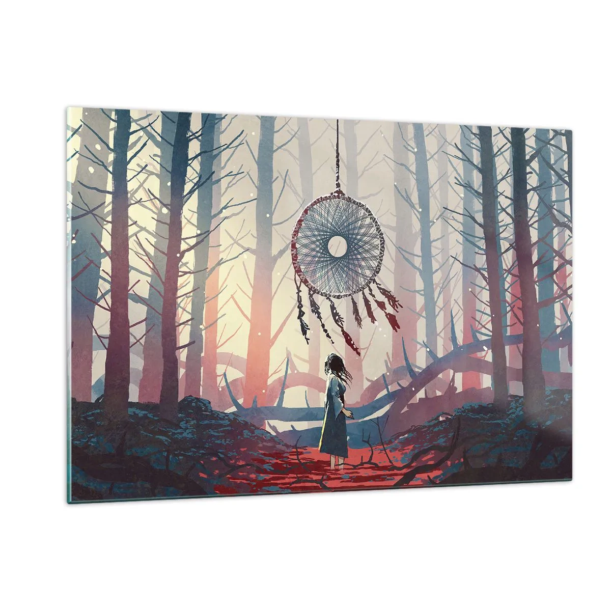 Glasbild - Bild auf glas - Eine Gestalt im Wald betrachtet einen großen Traumfänger, der in der Luft schwebt. - 120x80cm - Geheimes Glücksritual - Moderne Wanddekoration für Wohnzimmer und Schlafzimmer ARTTOR