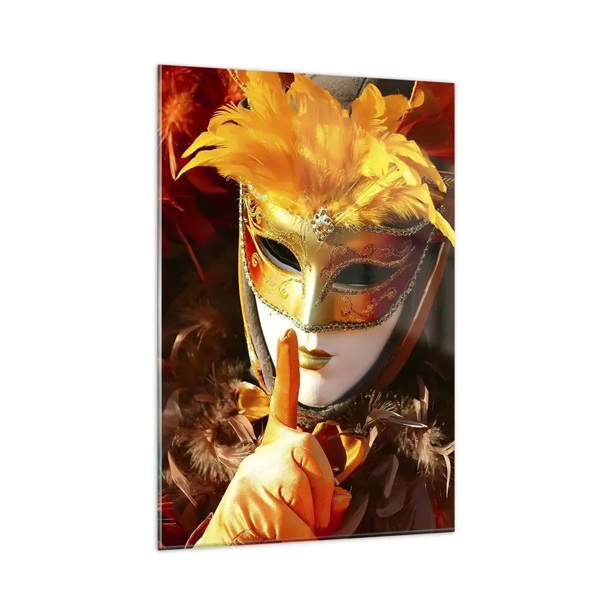 Glasbild - Bild auf glas - Karnevalsmaske in Gold- und Orangetönen - 80x120cm - Geheimnis ist Teil des Spiels - Moderne Wanddekoration für Wohnzimmer und Schlafzimmer ARTTOR