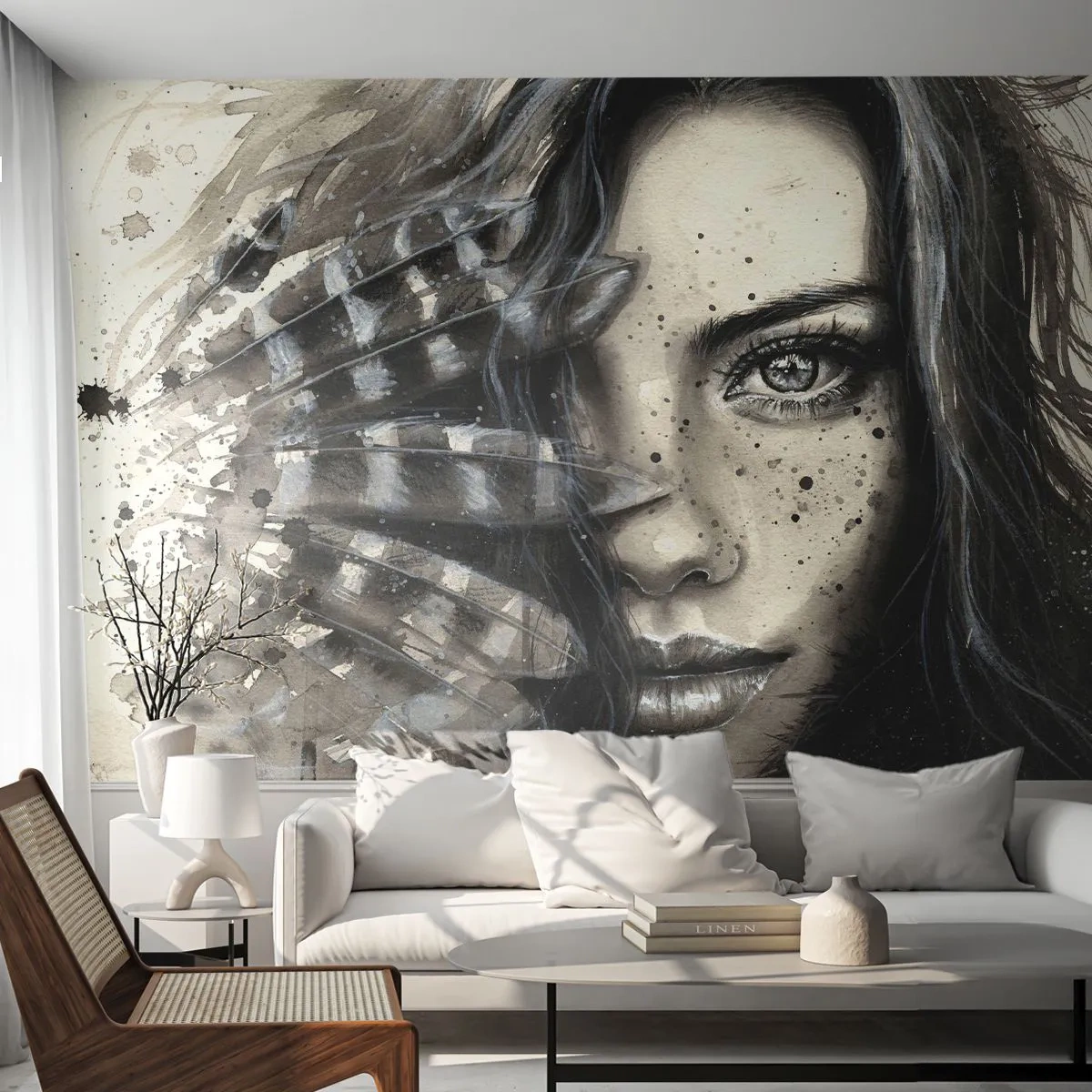 Selbstklebende Fototapete Deluxe Sticker - Wilde Schönheit - Frau, Vogelfedern, Grafik - 350x256 cm