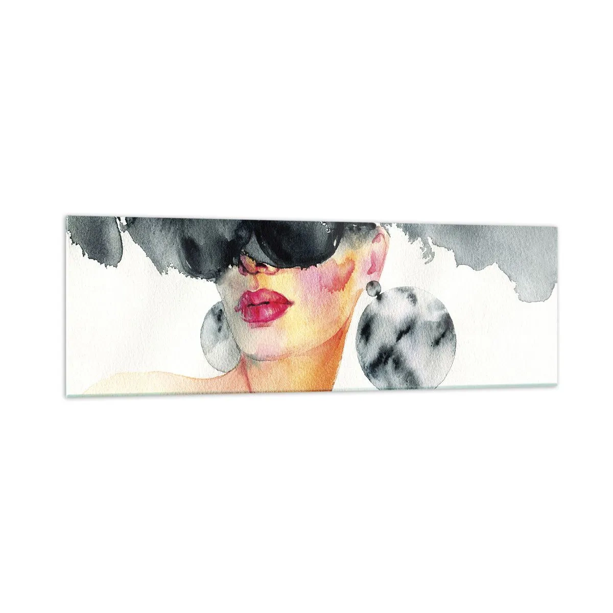 Glasbild - Bild auf glas - Eine Frau mit stylischer Brille und großen Ohrringen - 160x50cm - Das Geheimnis der Eleganz - Moderne Wanddekoration für Wohnzimmer und Schlafzimmer ARTTOR