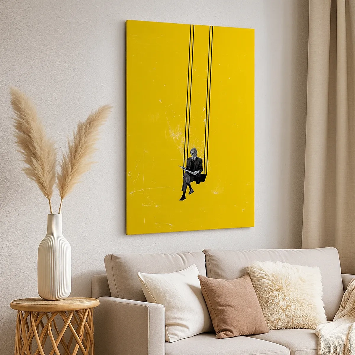 Bild auf Leinwand - Leinwandbild - Eine Person auf einer Schaukel vor einem intensiv gelben Hintergrund - 50x70cm - Tag wie jeder andere - Moderne Wanddekoration für Wohnzimmer und Schlafzimmer ARTTOR