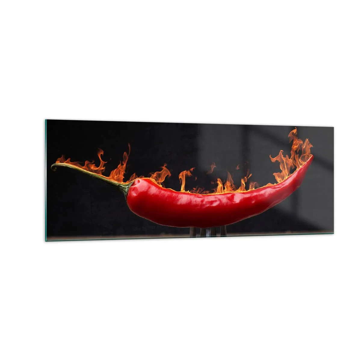 Glasbild - Bild auf glas - Feurige rote Paprika auf einer Gabel - 140x50cm - Eine feurige Vorspeise - Moderne Wanddekoration für Wohnzimmer und Schlafzimmer ARTTOR