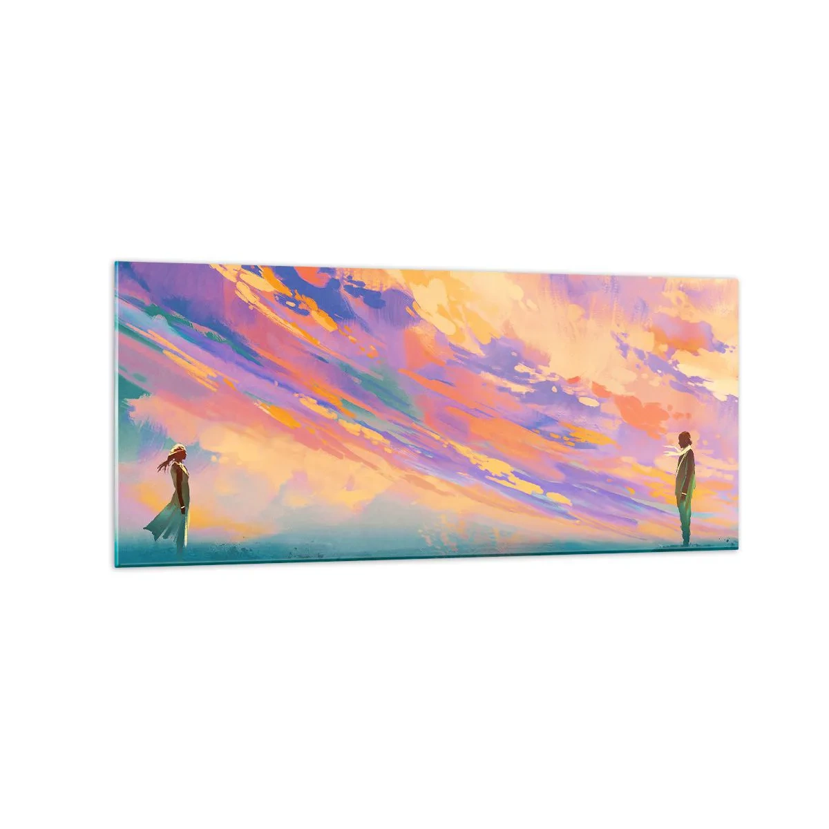 Glasbild - Bild auf glas - Eine dynamische Szene mit Figuren vor einem farbenfrohen Sonnenuntergangshimmel - 120x50cm - Die Anziehungskraft - Moderne Wanddekoration für Wohnzimmer und Schlafzimmer ARTTOR
