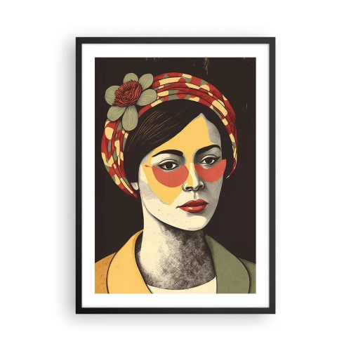 Poster in einem schwarzem Rahmen - Stilisiertes Porträt einer Frau mit Turban und floralem Akzent - 50x70cm - Korallendame - Moderne Wanddekoration für Wohnzimmer und Schlafzimmer ARTTOR