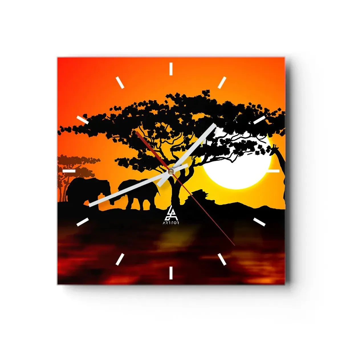 Wanduhr - Glasuhr - Afrikanischer Sonnenuntergang mit Silhouetten von Elefanten und Giraffen über dem Wasser - 30x30cm - Treffen in der Savanne - Moderne Wanddekoration für Wohnzimmer und Schlafzimmer ARTTOR