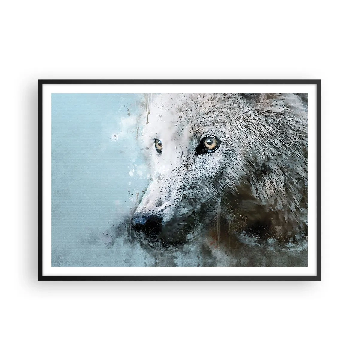 Poster in einem schwarzem Rahmen - Aquarellporträt eines Wolfes - 100x70cm - Lerne die Wolfsseele kennen - Moderne Wanddekoration für Wohnzimmer und Schlafzimmer ARTTOR
