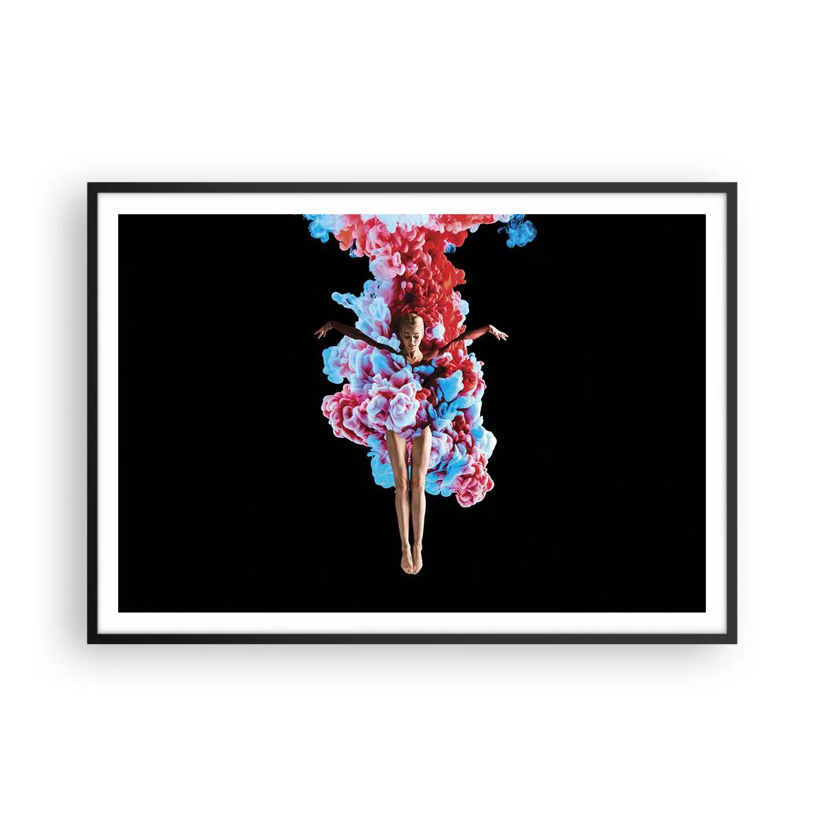 Poster in einem schwarzem Rahmen - Eine Tänzerin, umgeben von buntem Rauch auf schwarzem Hintergrund - 100x70cm - In voller Blüte - Moderne Wanddekoration für Wohnzimmer und Schlafzimmer ARTTOR