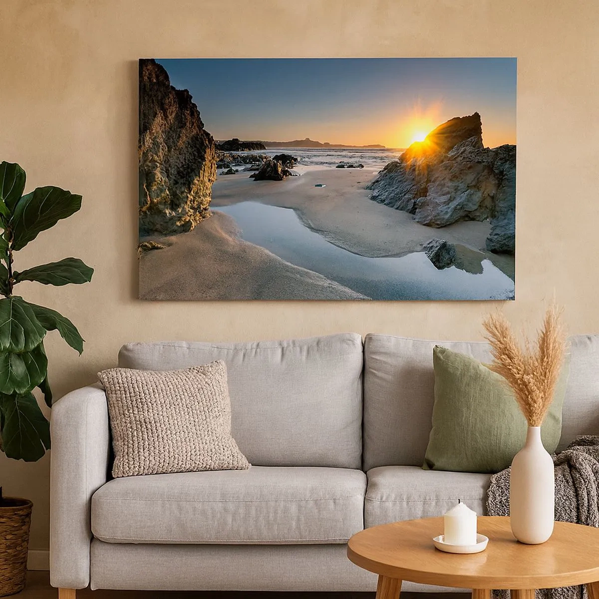 Bild auf Leinwand - Leinwandbild - Malerischer Sonnenuntergang an einem felsigen Strand - 70x50cm - Unberührt von menschlicher Hand - Moderne Wanddekoration für Wohnzimmer und Schlafzimmer ARTTOR