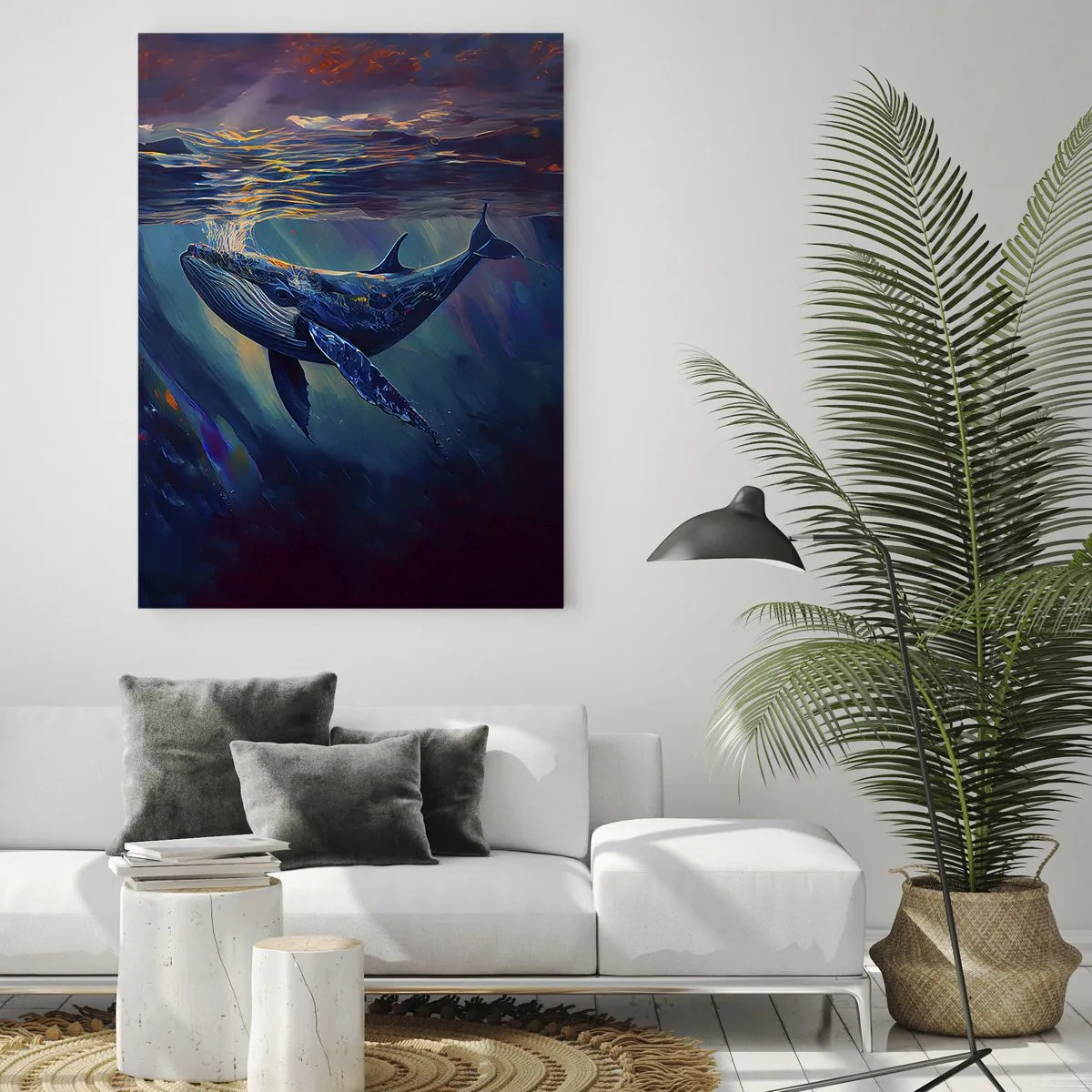 Glasbild - Bild auf glas - Ein Wal, der im Sonnenlicht unter Wasser schwimmt - 50x70cm - Willkommen in meiner Welt - Moderne Wanddekoration für Wohnzimmer und Schlafzimmer ARTTOR