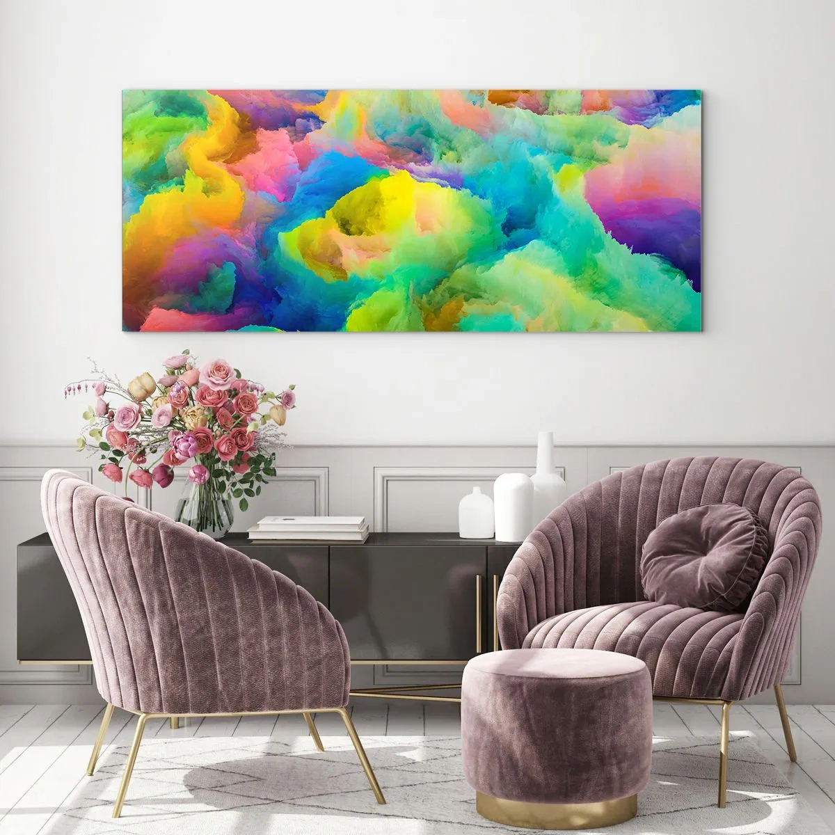 Glasbild - Bild auf glas - Abstrakte Komposition in Regenbogenfarben - 160x50cm - Regenbogen unten - Moderne Wanddekoration für Wohnzimmer und Schlafzimmer ARTTOR