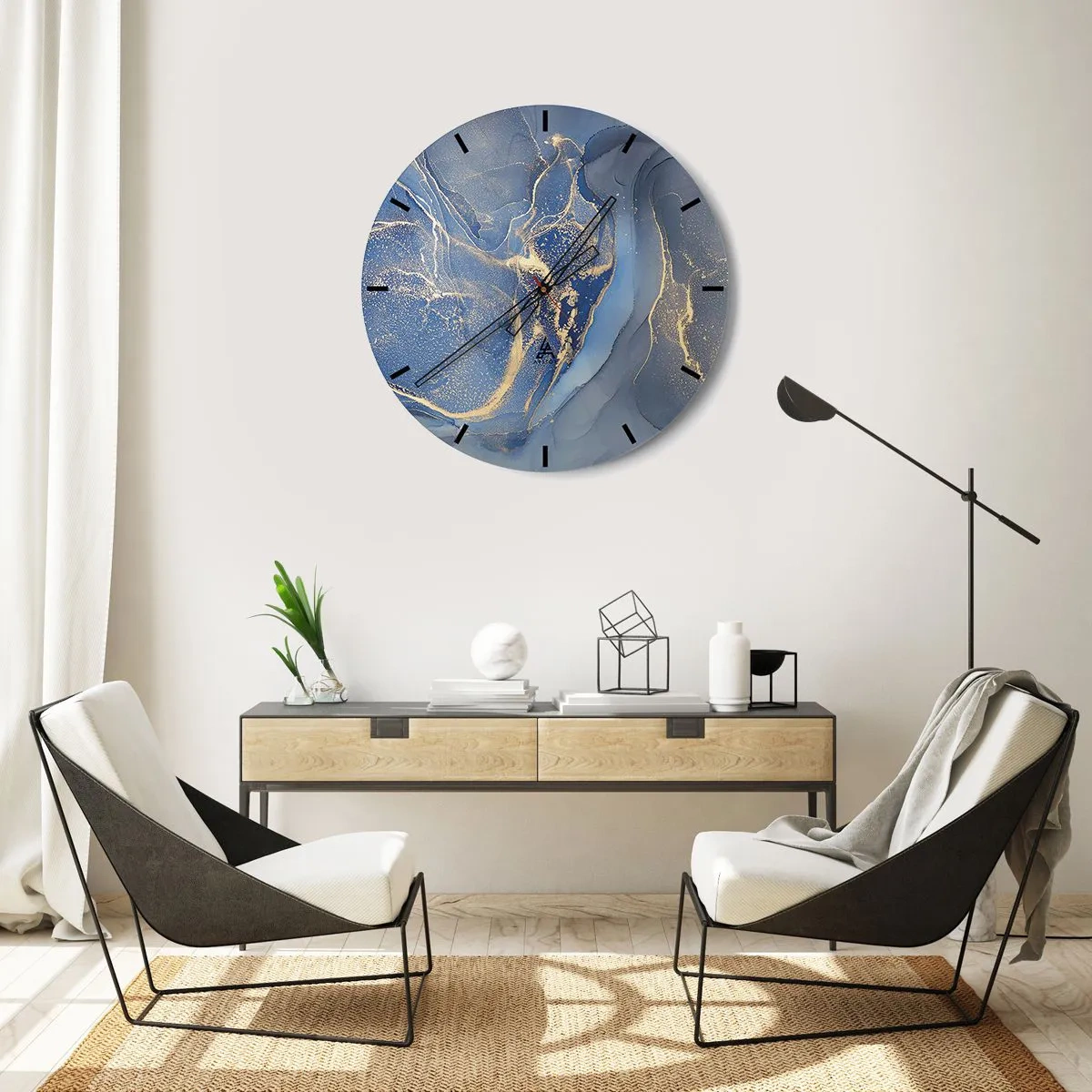 Wanduhr - Glasuhr - Goldene Blätter auf schwarzem Hintergrund in einer modernen Komposition - 30x30cm - Goldstaub - Moderne Wanddekoration für Wohnzimmer, Küche und Schlafzimmer ARTTOR