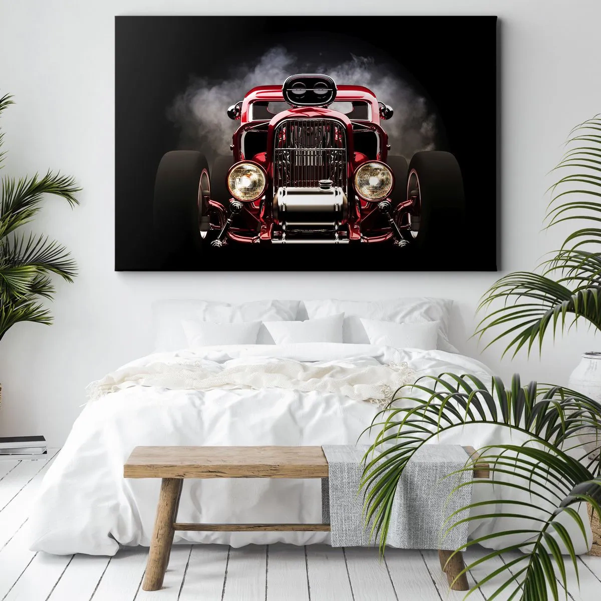 Bild auf Leinwand - Leinwandbild - Roter klassischer Rennwagen auf dunklem Hintergrund - 100x70cm - Schnell und wahnsinnig schön - Moderne Wanddekoration für Wohnzimmer und Schlafzimmer ARTTOR