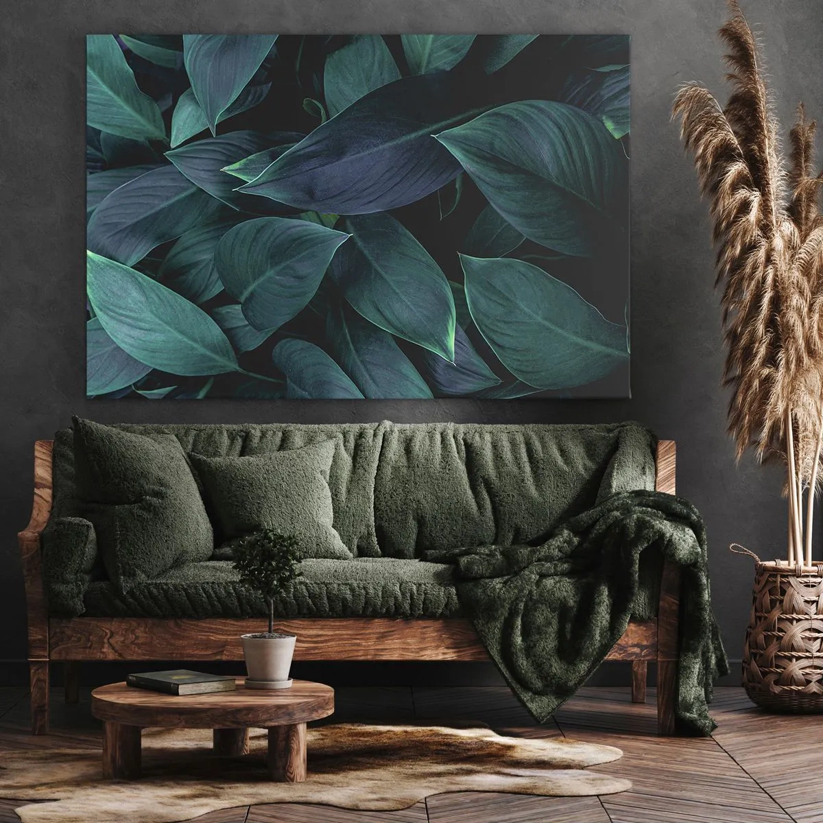 Bild auf Leinwand - Leinwandbild - Nahaufnahme von grünen Blättern mit dunklem Hintergrund - 70x50cm - Grün in sich selbst - Moderne Wanddekoration für Wohnzimmer und Schlafzimmer ARTTOR