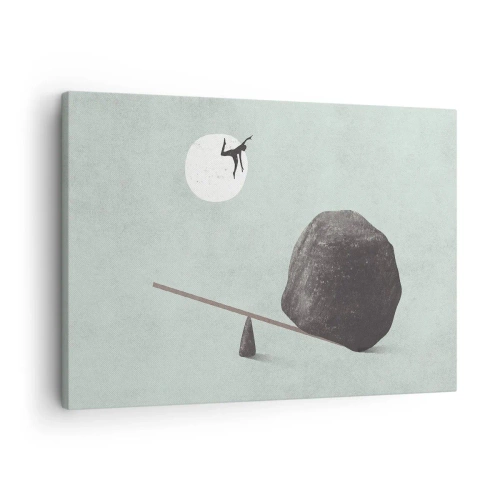 Bild auf Leinwand - Leinwandbild - Eine symbolische Szene mit einer Figur und einem Gleichgewicht vor einem hellen Himmel. - 70x50cm - Erfüllte Träume - Moderne Wanddekoration für Wohnzimmer und Schlafzimmer ARTTOR