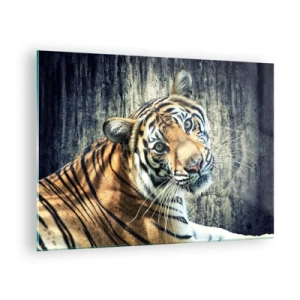 Glasbild - Bild auf glas - Ein Tiger in natürlicher Pose vor einer rohen Wand - 70x50cm - Portrait in Lichtstrahlen - Moderne Wanddekoration für Wohnzimmer und Schlafzimmer ARTTOR