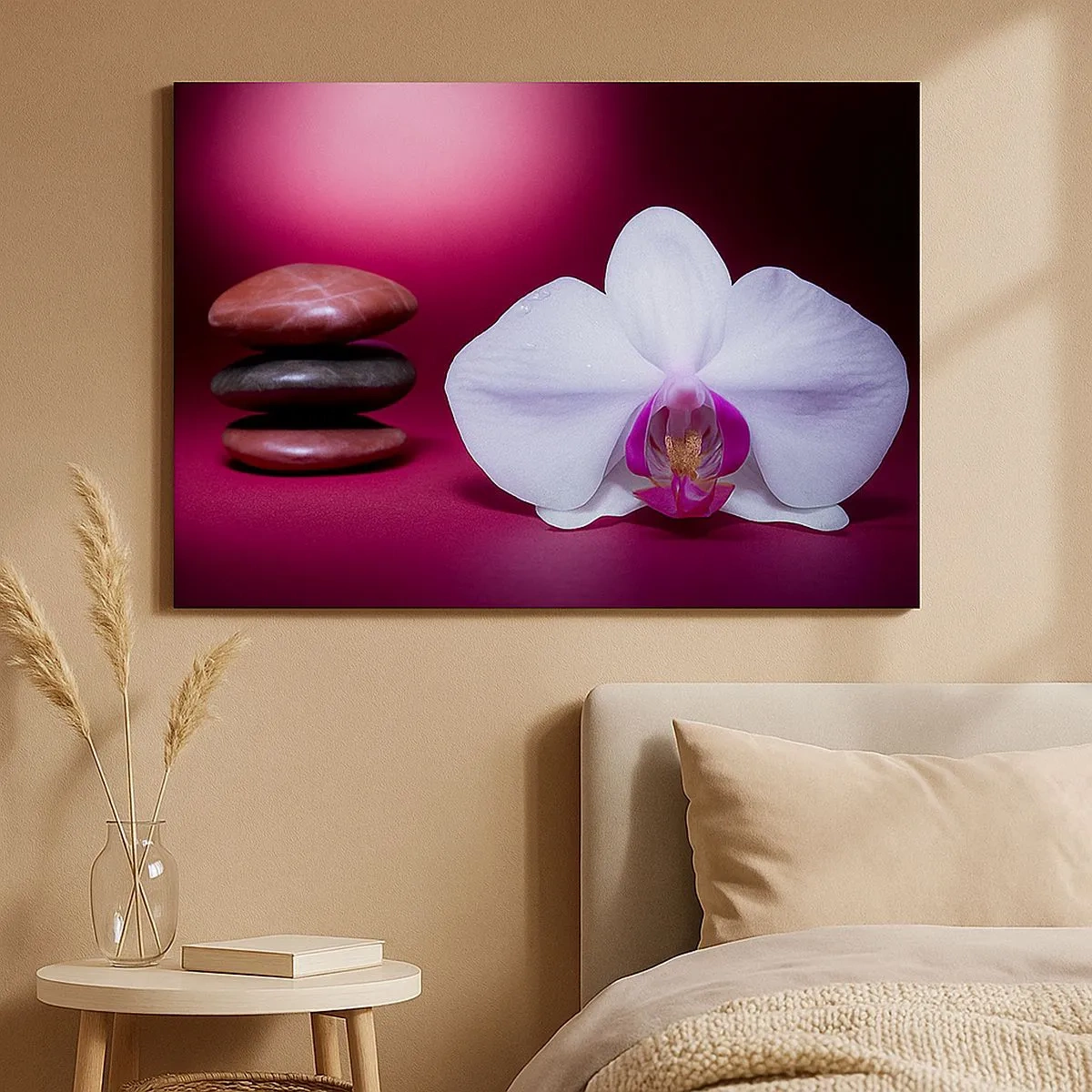 Bild auf Leinwand - Leinwandbild - Weiße Orchidee und Steine auf rosa Hintergrund - 70x50cm - Eine Studie der Frische in Lila - Moderne Wanddekoration für Wohnzimmer und Schlafzimmer ARTTOR