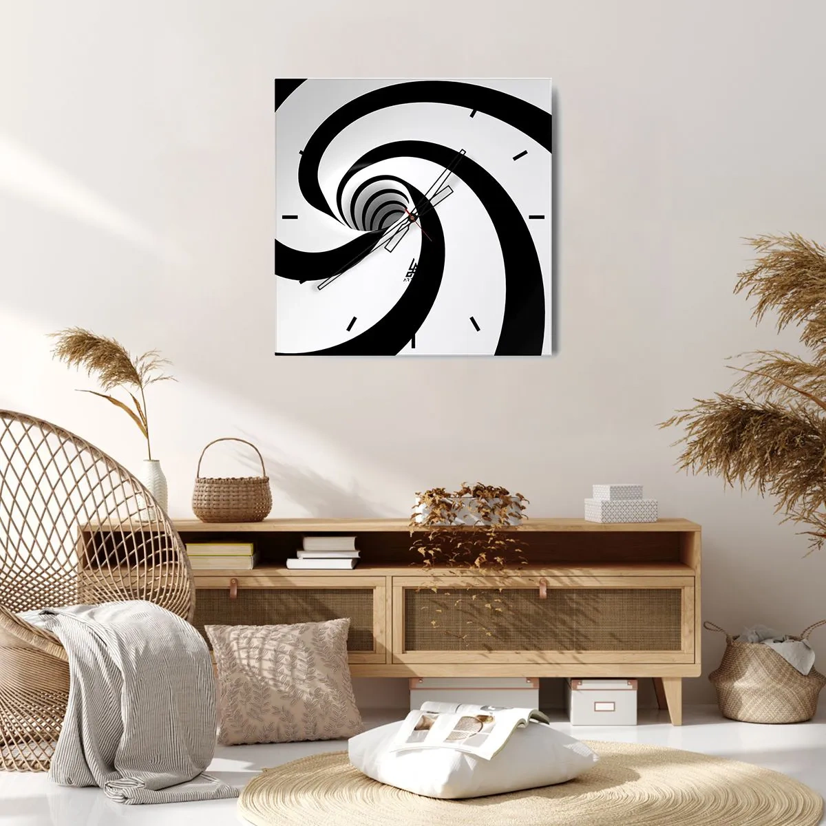 Wanduhr - Glasuhr - Abstrakte schwarz-weiße Spirale mit Wirbeleffekt - 30x30cm - Dem Wirbel nachgeben? - Moderne Wanddekoration für Wohnzimmer und Schlafzimmer ARTTOR