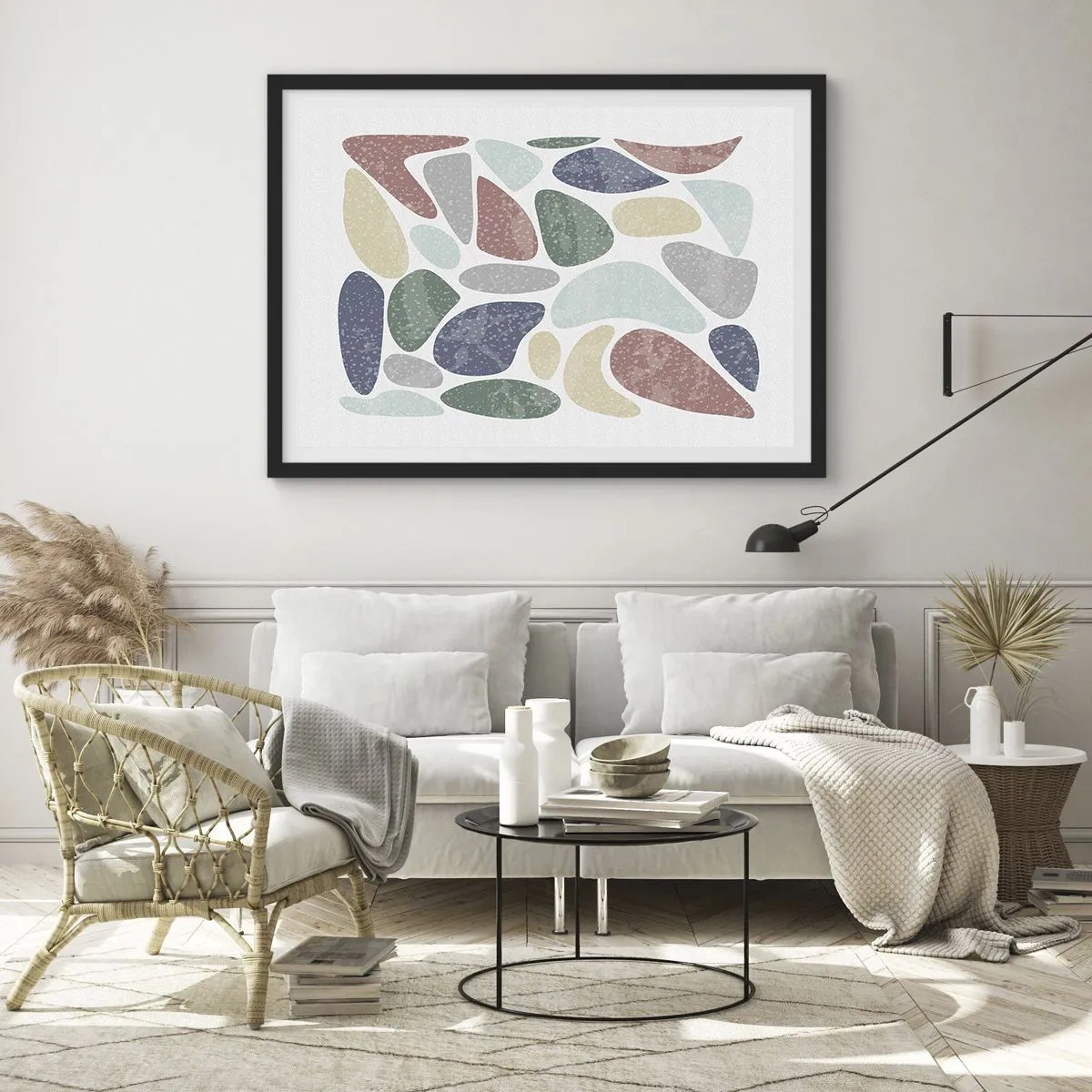 Poster in einem schwarzem Rahmen - Bunte organische Formen auf weißem Hintergrund - 70x50cm - Mosaik aus pulverförmigen Farben - Moderne Wanddekoration für Wohnzimmer und Schlafzimmer ARTTOR