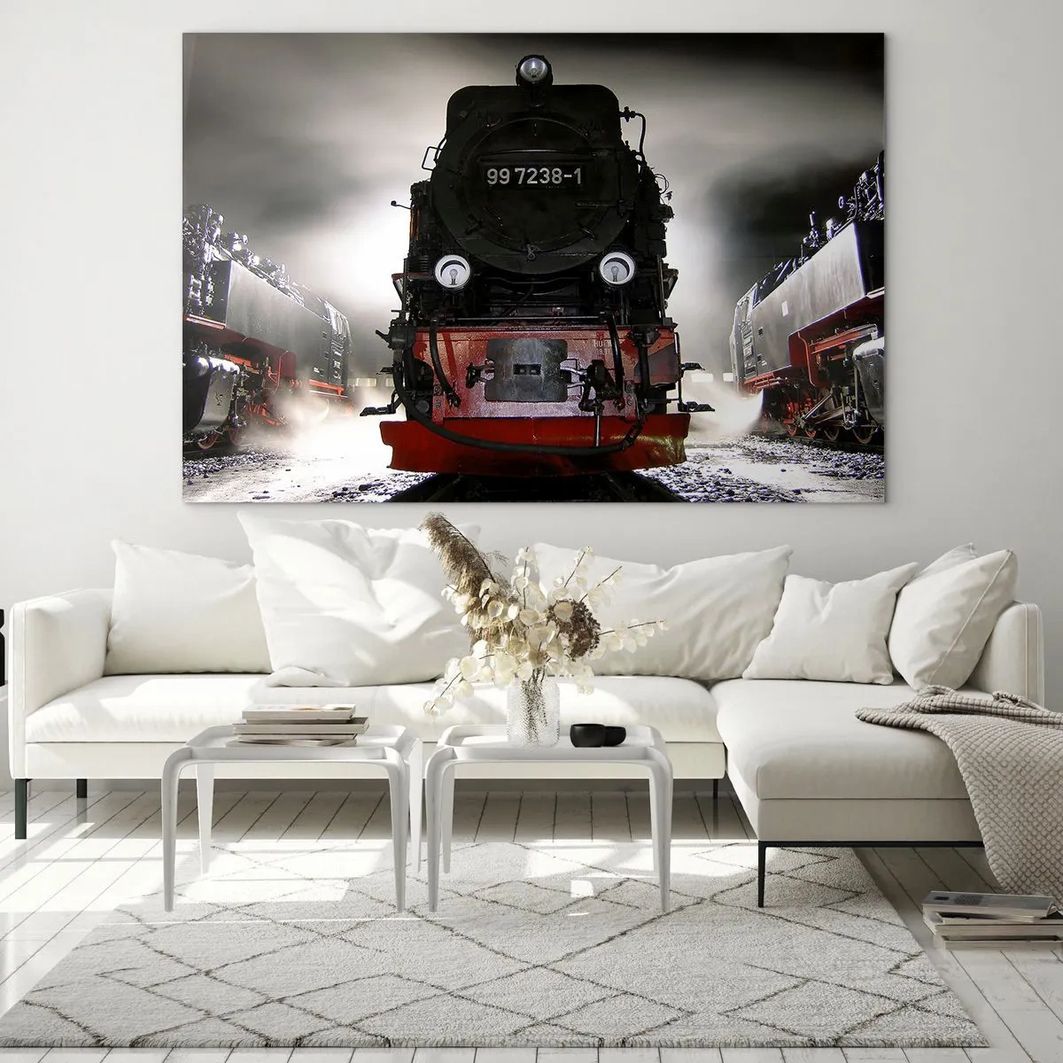 Glasbild - Bild auf glas - Eine Dampflokomotive umgeben von Dampf und Licht - 70x50cm - Er steht und keucht, seufzt und pustet - Moderne Wanddekoration für Wohnzimmer und Schlafzimmer ARTTOR