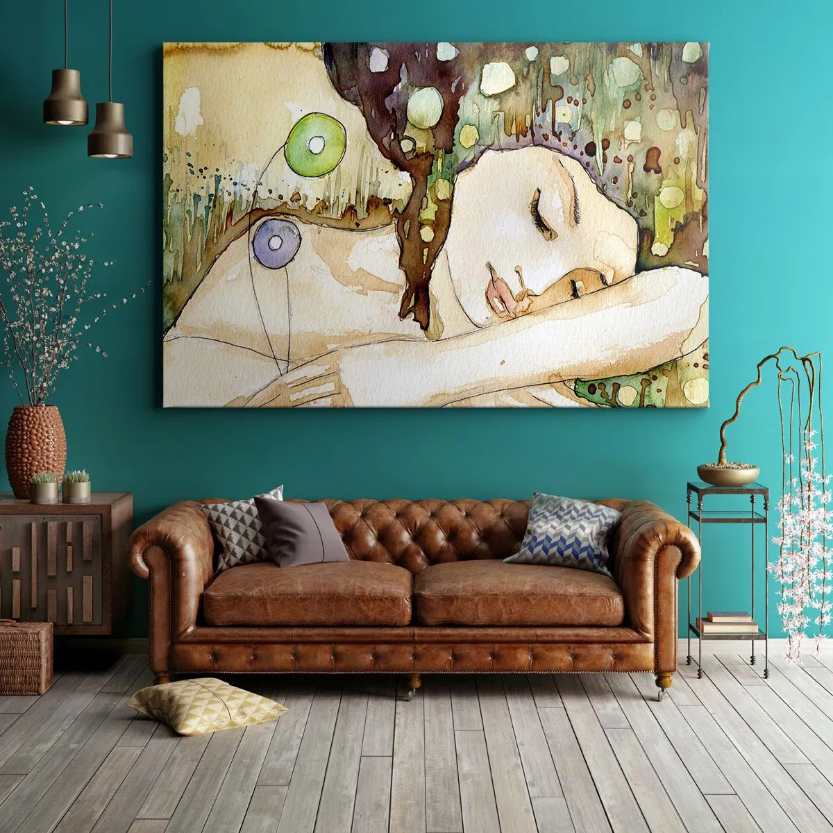 Bild auf Leinwand - Leinwandbild - Eine träumende Frau, umgeben von abstrakten Formen und Farben. - 70x50cm - Ein smaragd-violetter Traum - Moderne Wanddekoration für Wohnzimmer und Schlafzimmer ARTTOR
