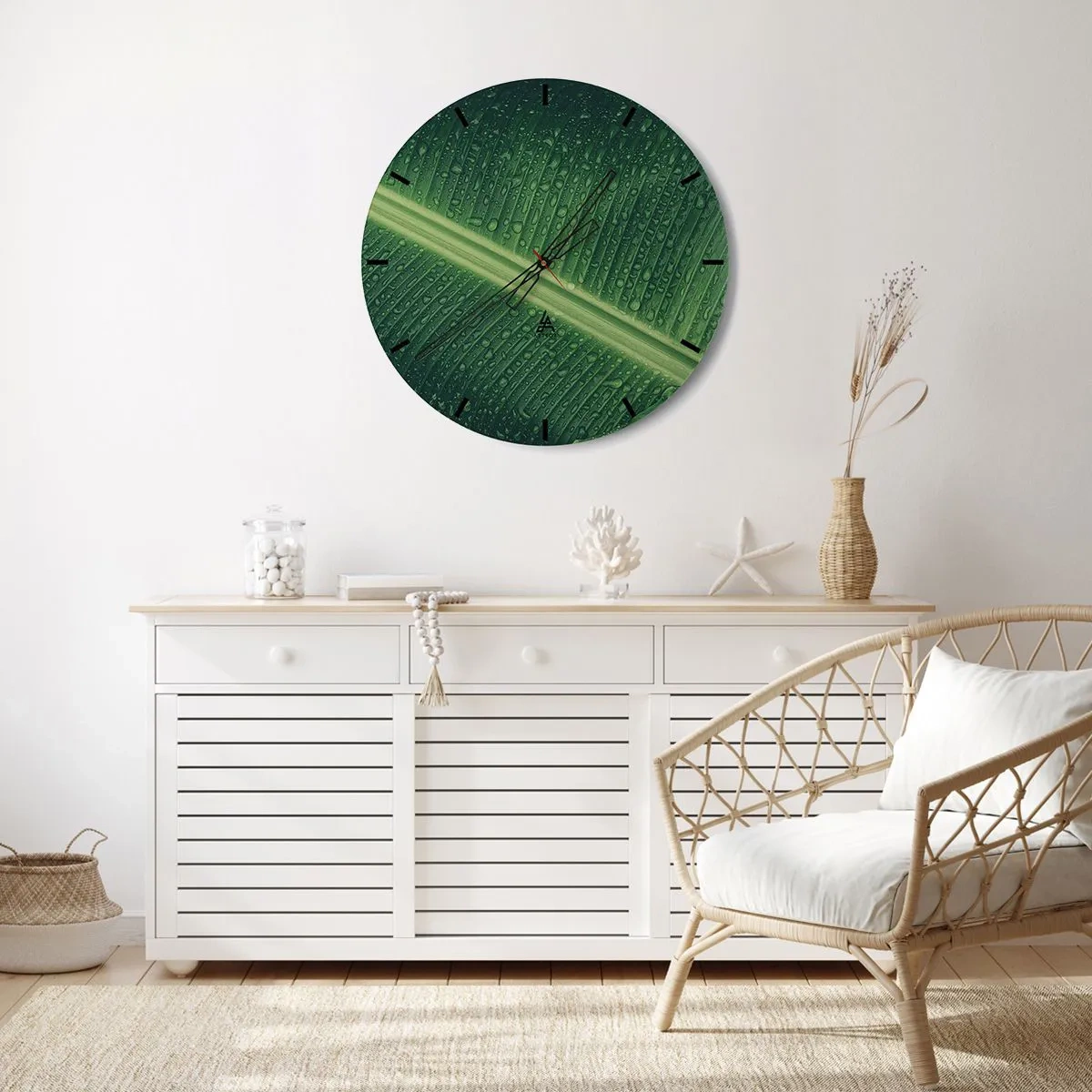 Wanduhr - Glasuhr - Nahaufnahme eines Blattes mit Tautropfen - 30x30cm - Die Struktur des Grüns - Moderne Wanddekoration für Wohnzimmer, Küche und Schlafzimmer ARTTOR