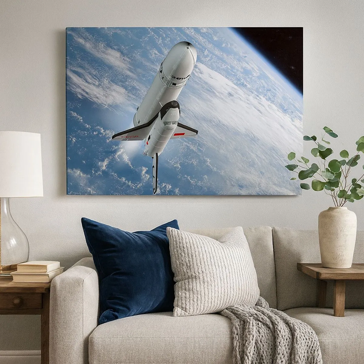 Bild auf Leinwand - Leinwandbild - Eine Weltraumrakete steigt vor dem Hintergrund der Erde auf - 70x50cm - Kosmischer Aufstieg - Moderne Wanddekoration für Wohnzimmer und Schlafzimmer ARTTOR