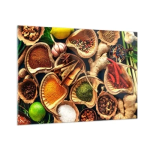 Glasbild - Bild auf glas - Bunte Gewürze in natürlichen Behältern mit Zusätzen - 100x70cm - Nimm was du willst - Moderne Wanddekoration für Wohnzimmer und Schlafzimmer ARTTOR