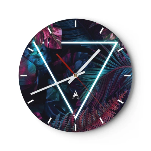 Wanduhr - Glasuhr - Tropische Blätter und Farne mit Neondreieck - 30x30cm - Garten im Disco-Stil - Moderne Wanddekoration für Wohnzimmer, Küche und Schlafzimmer ARTTOR