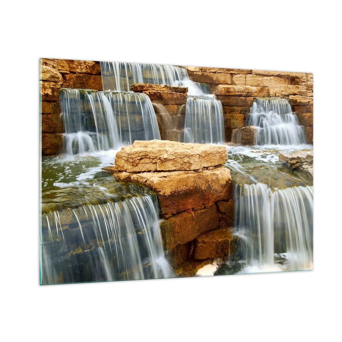 Glasbild - Bild auf glas - Wasserfall auf felsigem Hintergrund - 100x70cm - Treppe zum Himmel - Moderne Wanddekoration für Wohnzimmer und Schlafzimmer ARTTOR