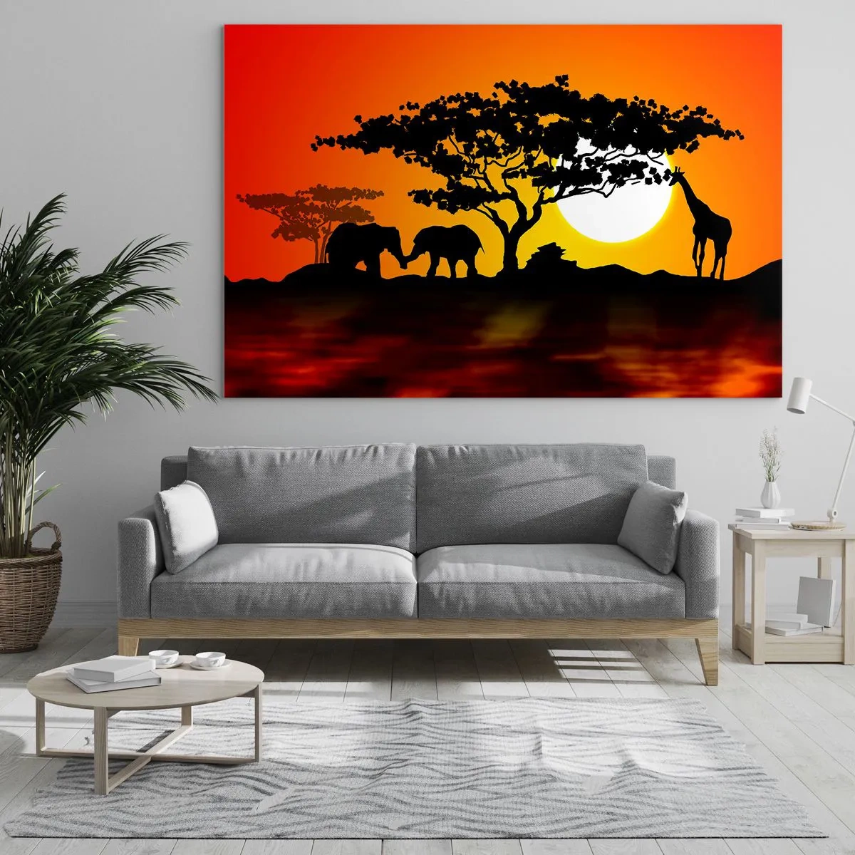Glasbild - Bild auf glas - Afrikanische Landschaft mit Bäumen und Tieren bei Sonnenuntergang - 120x80cm - Treffen in der Savanne - Moderne Wanddekoration für Wohnzimmer und Schlafzimmer ARTTOR