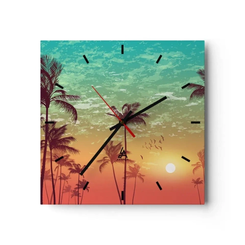 Wanduhr - Glasuhr - Sonnenuntergang mit Palmen vor einem bunten Himmel - 30x30cm - Tropische Stimmung - Moderne Wanddekoration für Wohnzimmer und Schlafzimmer ARTTOR