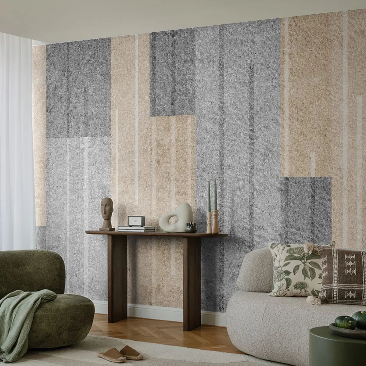 Fototapete Premium Sand - Geometrische Streifen in Grau- und Beigetönen - 100x70cm - Komposition: Vertikal halten - Moderne Wanddekoration für Wohnzimmer und Schlafzimmer ARTTOR