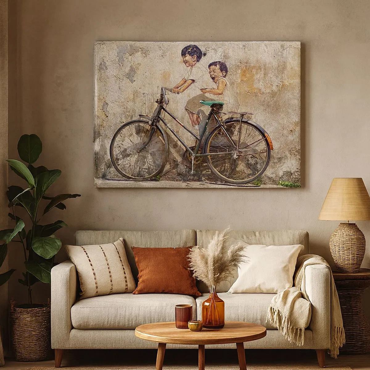 Bild auf Leinwand - Leinwandbild - Streetart mit Fahrrad und Kinderzeichnungen an der Wand - 70x50cm - Richtig oder falsch? - Moderne Wanddekoration für Wohnzimmer und Schlafzimmer ARTTOR