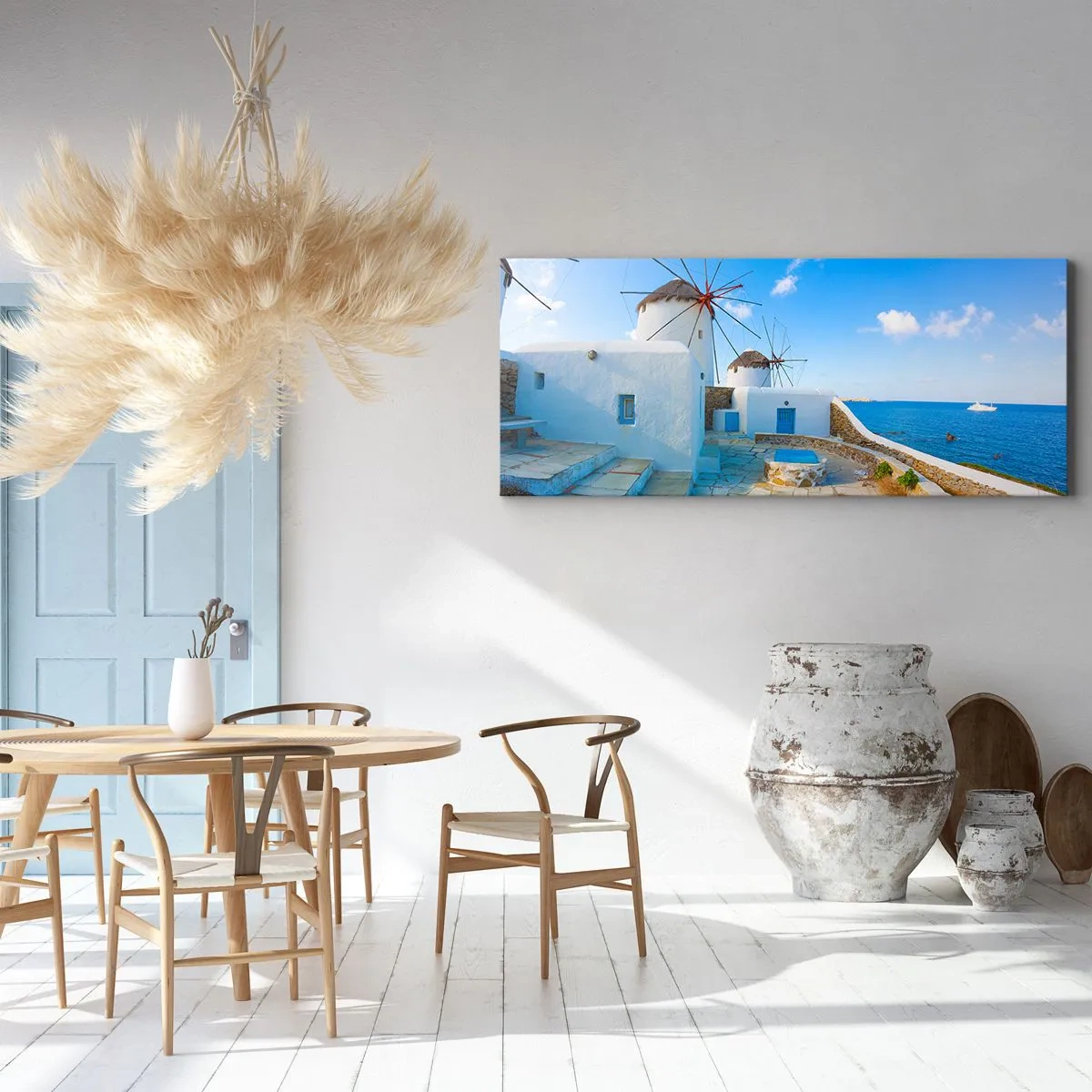 Bild auf Leinwand - Leinwandbild - Weiße Windmühlen an den Ufern des blauen Meeres - 120x50cm - Der blaue Wind vom Meer - Moderne Wanddekoration für Wohnzimmer und Schlafzimmer ARTTOR