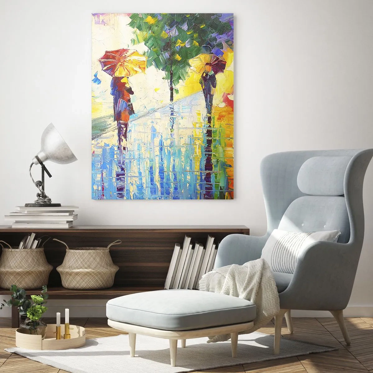 Glasbild - Bild auf glas - Ein Spaziergang mit Regenschirm in einer farbenfrohen Regenlandschaft - 70x100cm - Und alles klar - Moderne Wanddekoration für Wohnzimmer und Schlafzimmer ARTTOR