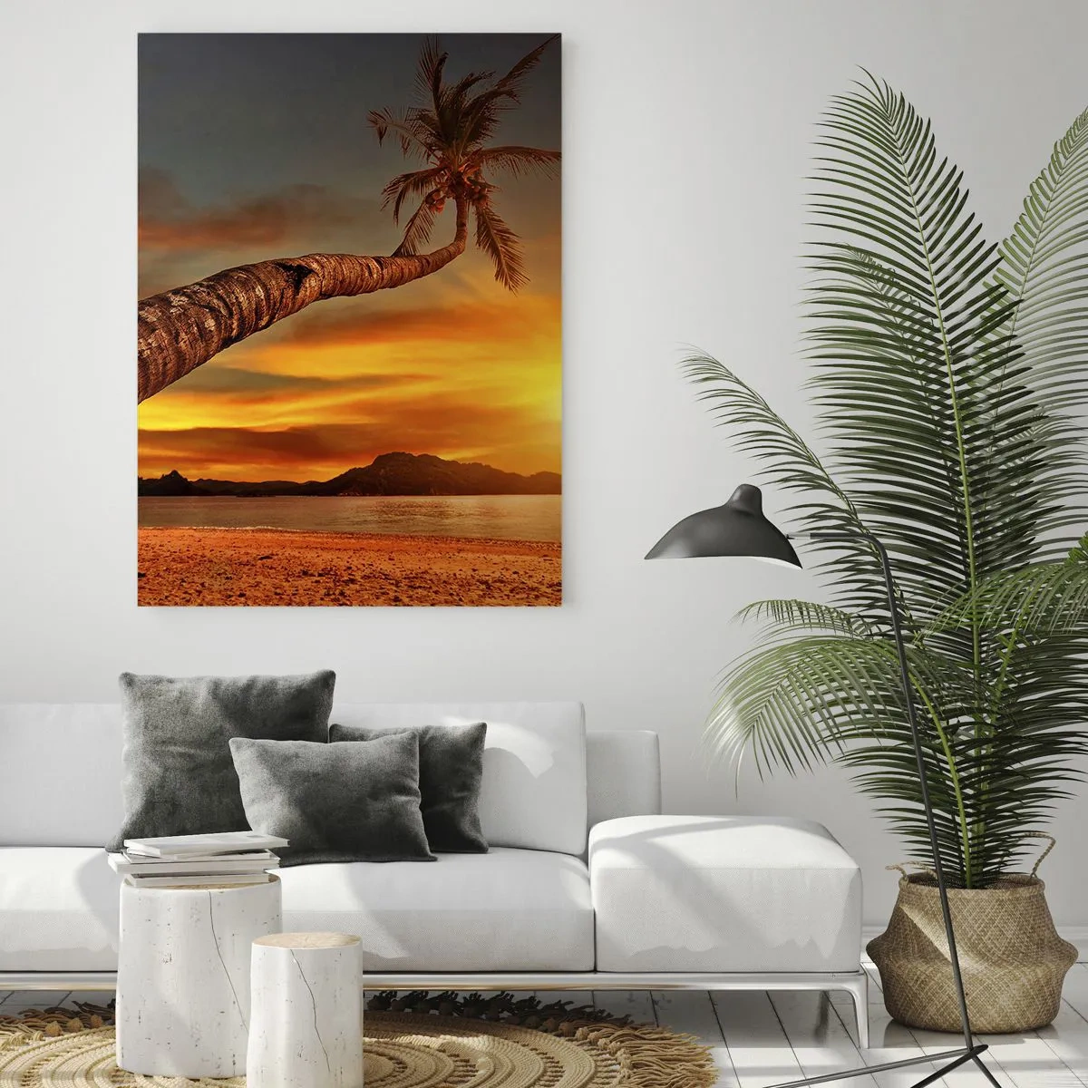 Glasbild - Bild auf glas - Palme an einem tropischen Strand bei Sonnenuntergang - 50x70cm - Exotischer Urlaub, karibisches Abenteuer - Moderne Wanddekoration für Wohnzimmer und Schlafzimmer ARTTOR