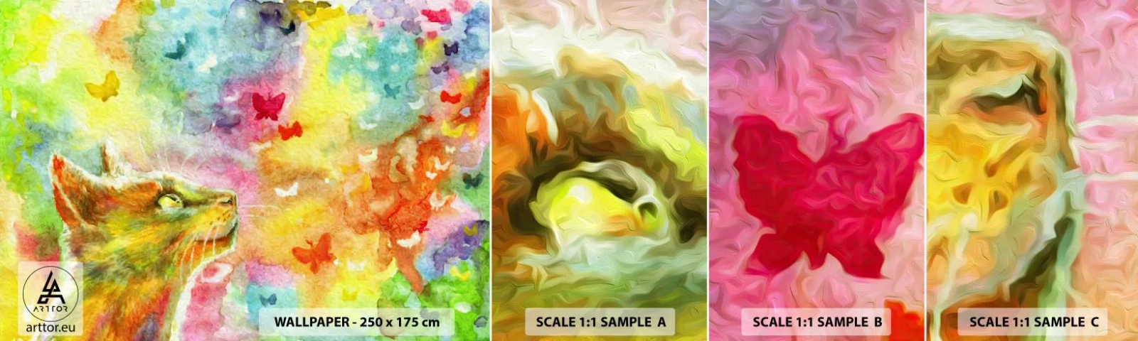 Fototapeten Muster Selbstklebend Deluxe Sticker - Baju-baju im Katzenparadies - Tiere, Katze, Schmetterling - 100x30 cm