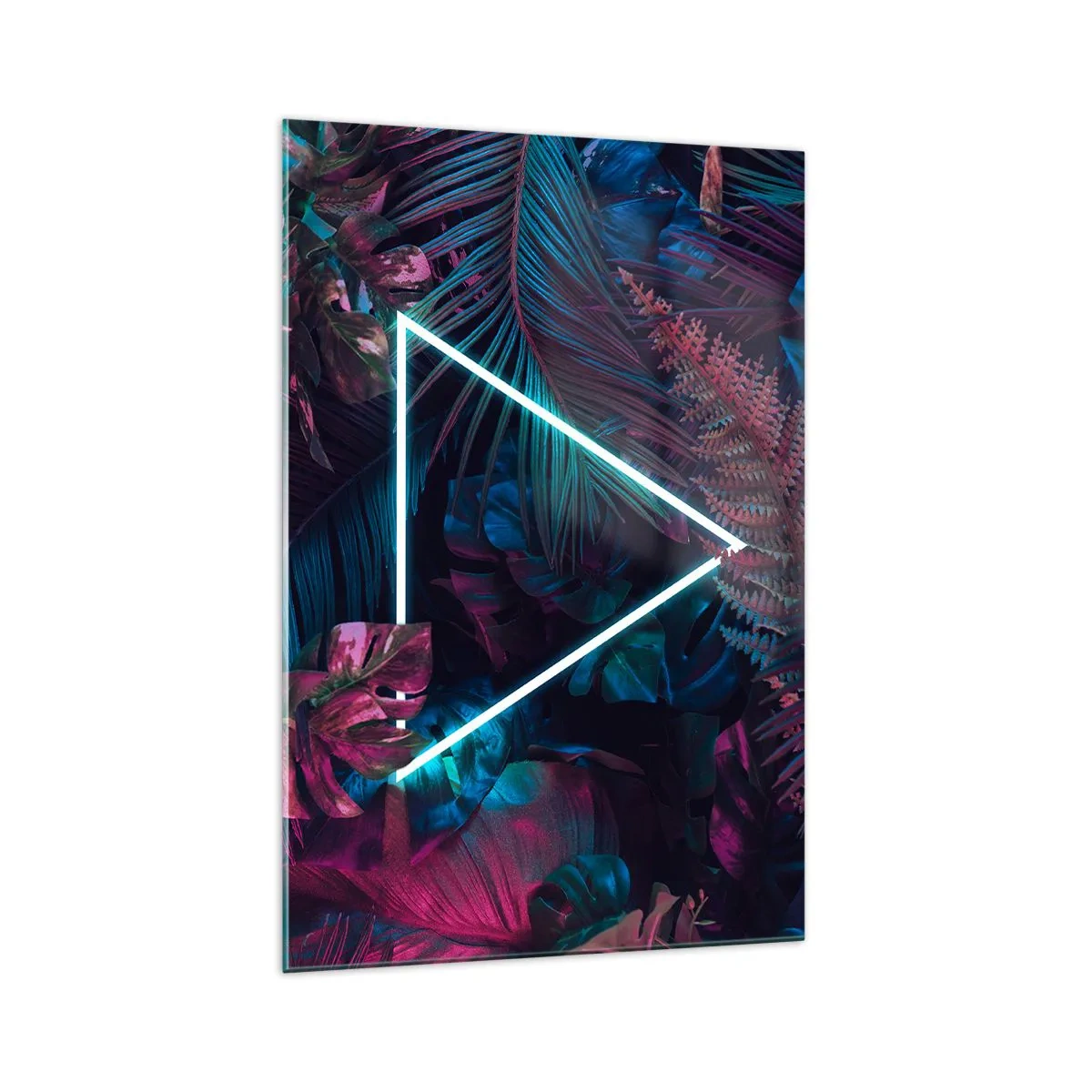 Glasbild - Bild auf glas - Ein Neondreieck, umgeben von tropischen Blättern in dunklen Farben. - 70x100cm - Garten im Disco-Stil - Moderne Wanddekoration für Wohnzimmer und Schlafzimmer ARTTOR