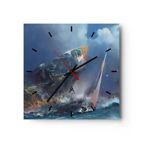Wanduhr - Glasuhr - Ein Segelboot im Sturm am Fuße eines massiven Felsens - 30x30cm - Wer den Mut hat, gewinnt - Moderne Wanddekoration für Wohnzimmer und Schlafzimmer ARTTOR