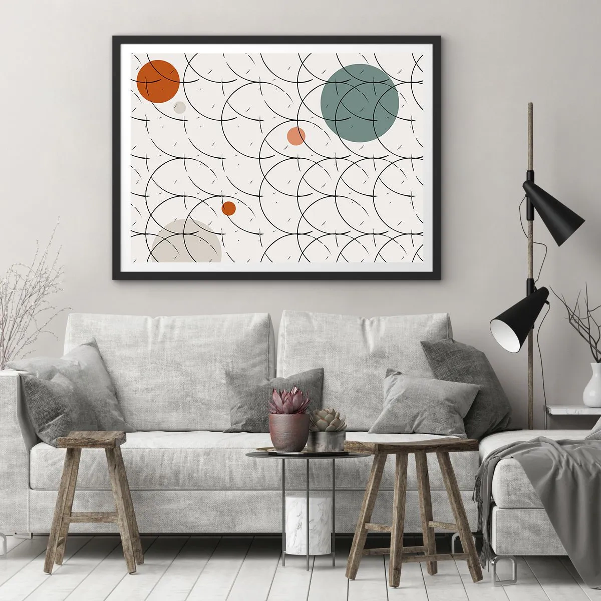 Poster in einem schwarzem Rahmen - Geometrisches Muster mit bunten Kreisen auf hellem Hintergrund - 70x50cm - Im Pop-Art-Geist - Moderne Wanddekoration für Wohnzimmer und Schlafzimmer ARTTOR