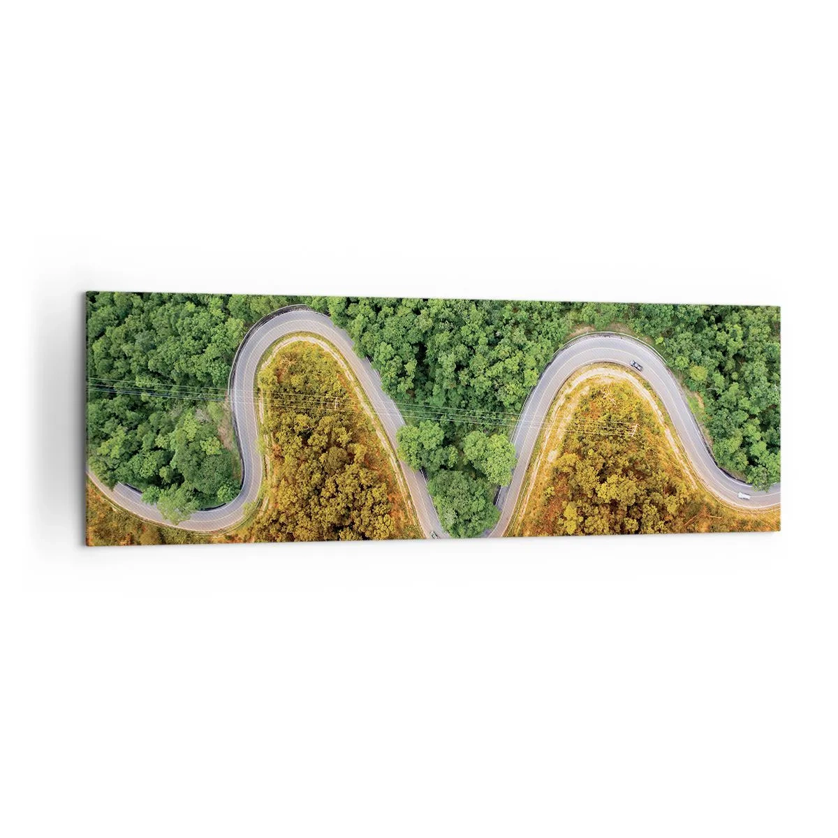 Bild auf Leinwand - Leinwandbild - Eine kurvenreiche Straße durch den Wald aus der Vogelperspektive gesehen - 160x50cm - Grenzen und Durchbrüche - Moderne Wanddekoration für Wohnzimmer und Schlafzimmer ARTTOR