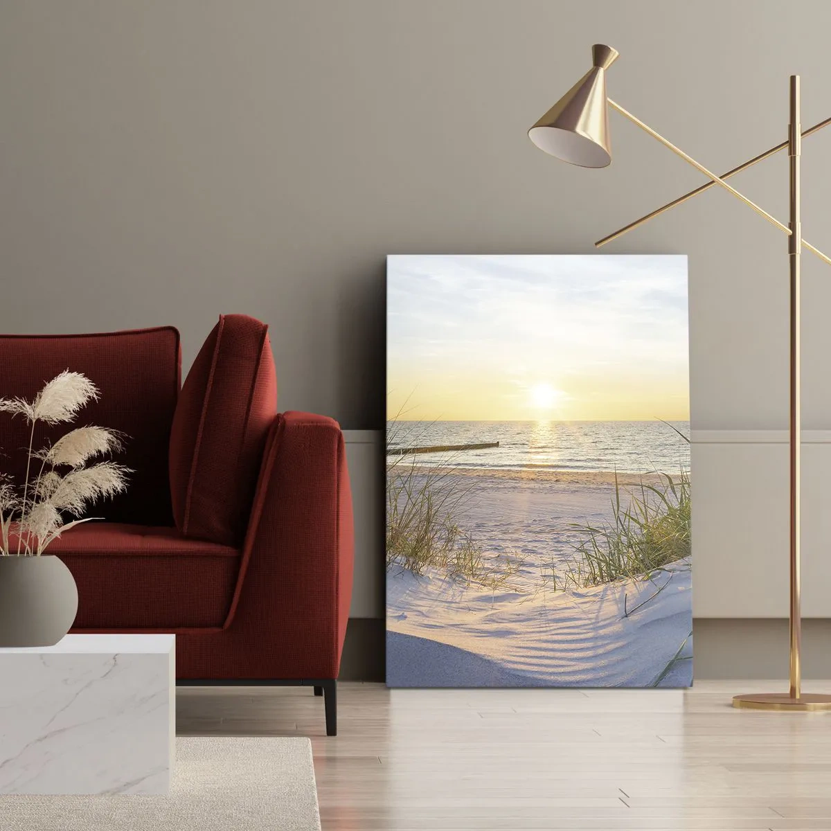 Bild auf Leinwand - Leinwandbild - Ein Sandstrand mit Blick auf den Sonnenuntergang über dem Meer - 80x120cm - Das Rauschen des Meeres, der Gesang der Vögel, ein wilder Strand im Gras ... - Moderne Wanddekoration für Wohnzimmer und Schlafzimmer ARTTOR