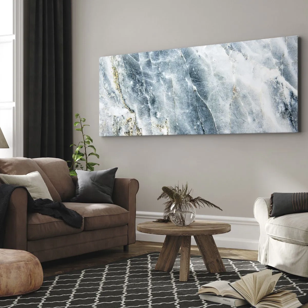Bild auf Leinwand - Leinwandbild - Marmorstruktur in Blau- und Weißtönen - 160x50cm - Eiswelt - Moderne Wanddekoration für Wohnzimmer und Schlafzimmer ARTTOR